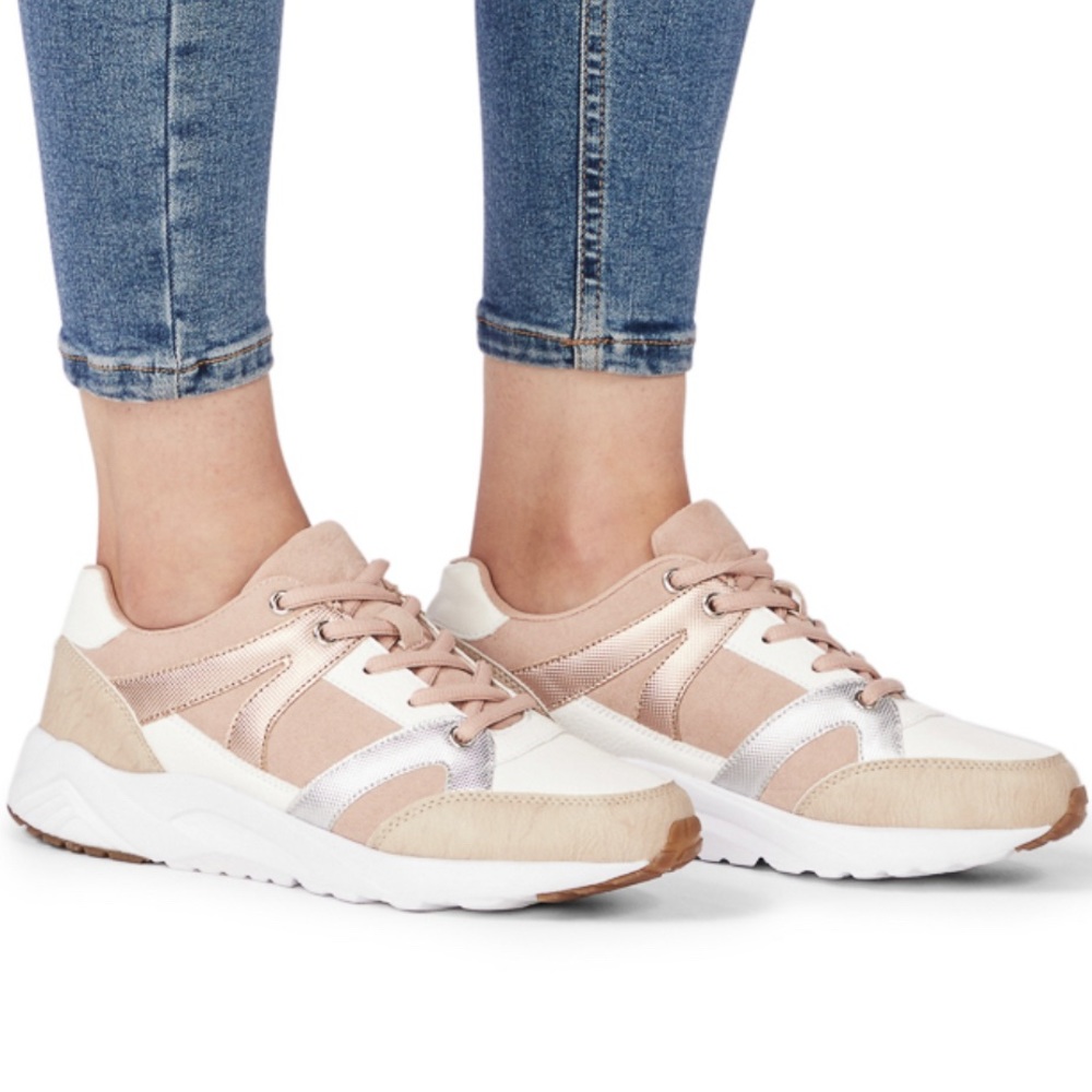 Blush and white sneakers
